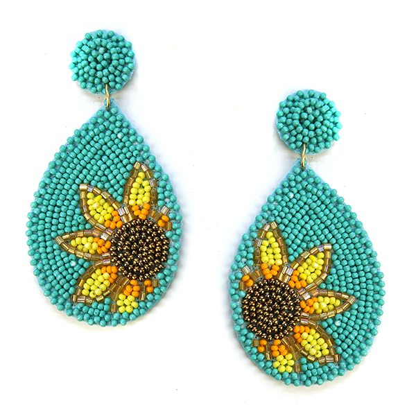 Beaded Earrings, Teal Sunflowers - Monogram Market