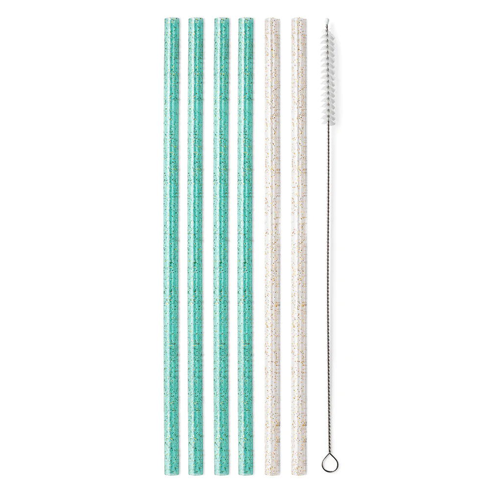 SWIG Tall Straw Set, Glitter Clear & Aqua - Monogram Market