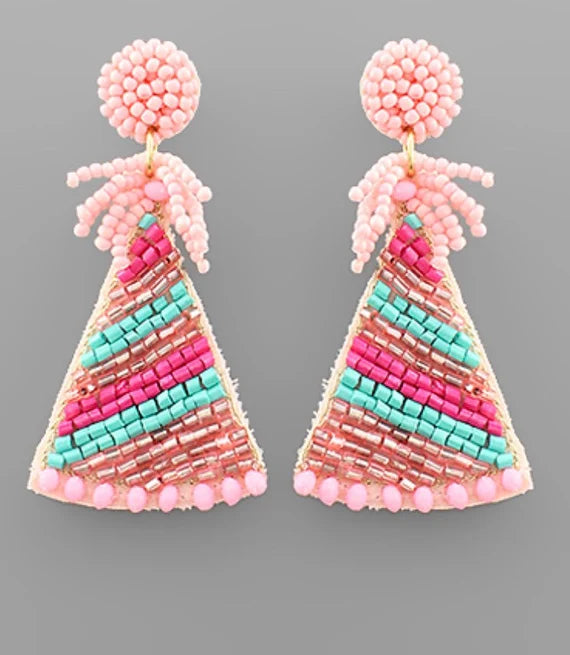 Beaded Earrings, Pink Birthday Hat - Monogram Market