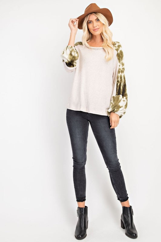 Oatmeal and Green Thermal and Balloon Sleeve Long Sleeve Top - Monogram Market