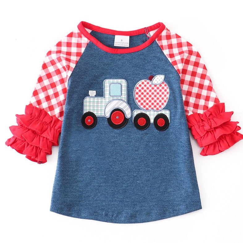 Girl's Applique Ruffle Shirt - Tractor w/Apple - Monogram Market