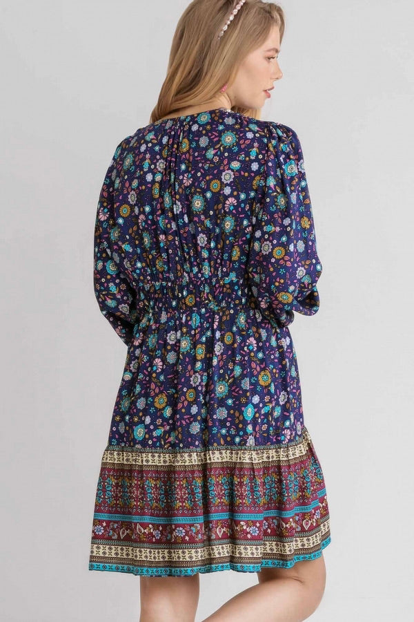 Floral V-Neck Puff Sleeve Dress, Sapphire Mix - Monogram Market