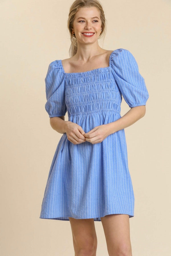 Puff Sleeve Smocked Peplum Dress, Blue Stripe - Monogram Market