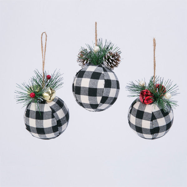 Buffalo Plaid Christmas Ornaments with Pine Toppers (Set of 3) - Monogram Market