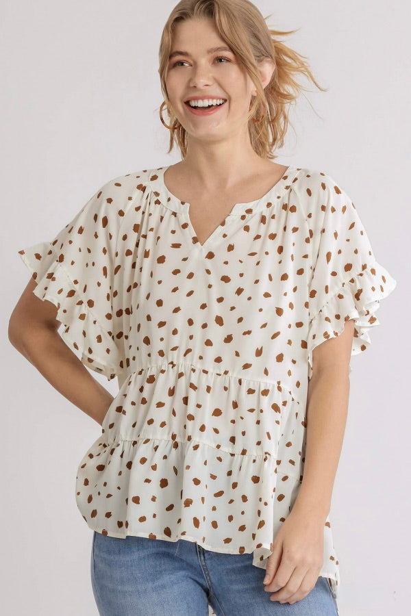 Dalmatian Short Sleeve Tiered Top, Cream - Monogram Market