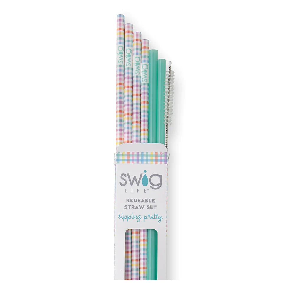SWIG Tall Straw Set, Pretty In Plaid & Mint - Monogram Market