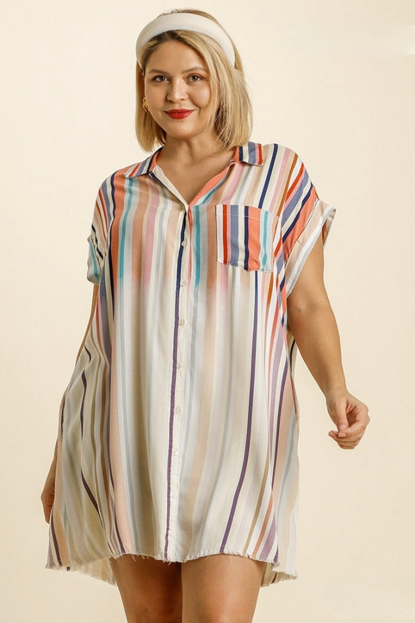 Umgee - Bleached Striped Short Sleeve Button Down Shirt Dress, Coral Mix 1XL
